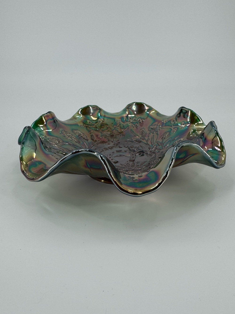 Antique Northwood Good Luck Emerald Green Carnival Glass Ruffled Bowl